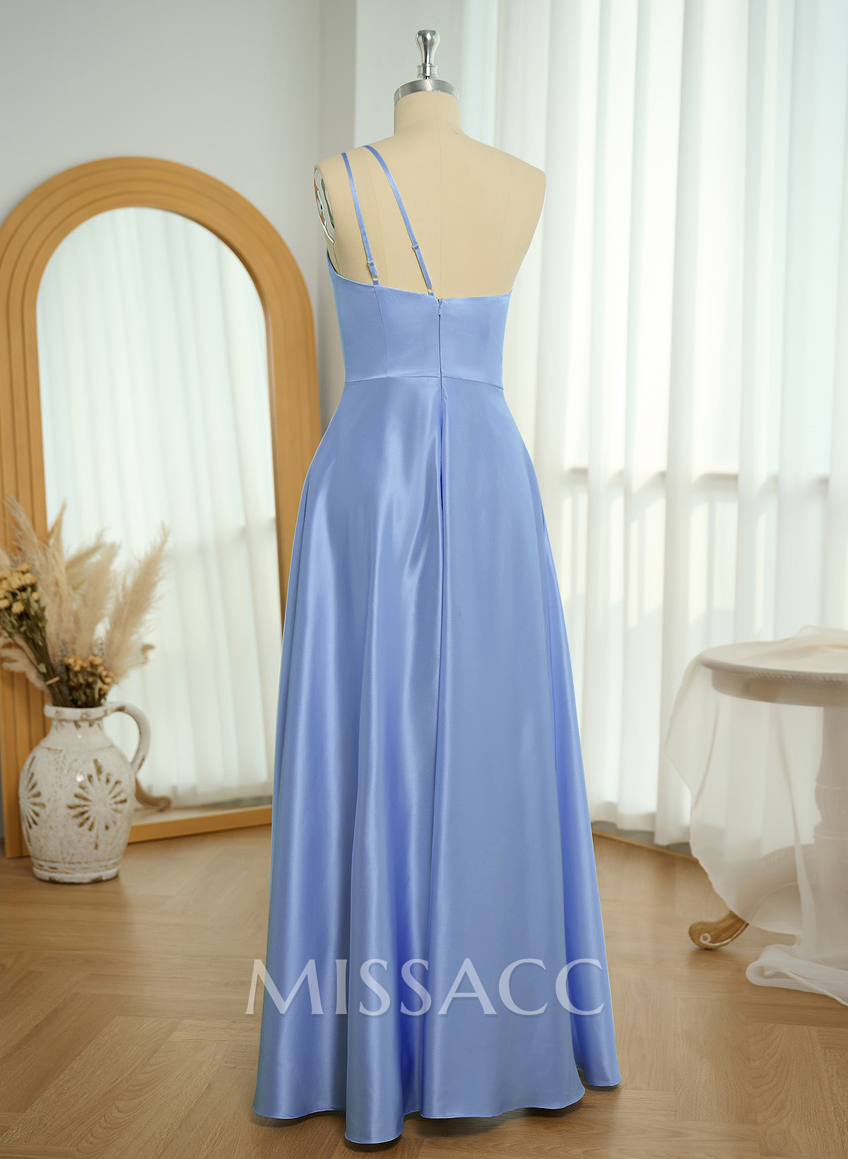 Classic One-Shoulder A-Line High Split Floor-Length Satin Bridesmaid Dresses