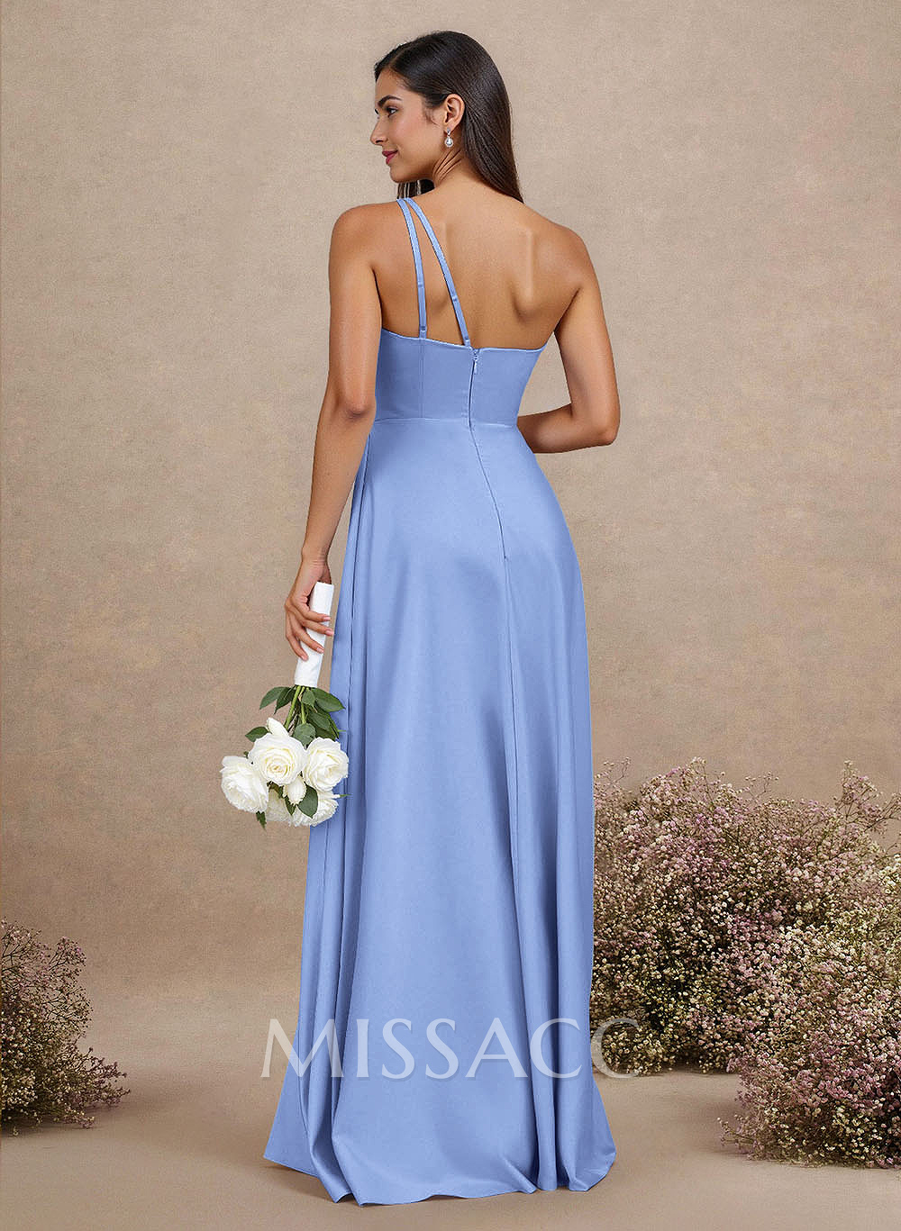 Classic One-Shoulder A-Line High Split Floor-Length Satin Bridesmaid Dresses