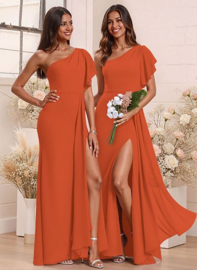 One-Shoulder Ruffle Short Sleeves Floor-Length Chiffon Bridesmaid Dresses With High Split