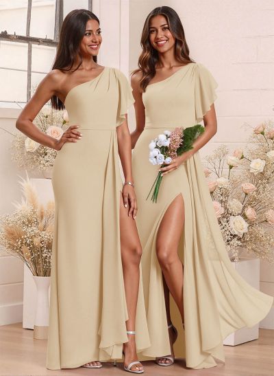 One-Shoulder Ruffle Short Sleeves Floor-Length Chiffon Bridesmaid Dresses With High Split
