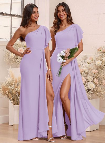 One-Shoulder Ruffle Short Sleeves Floor-Length Chiffon Bridesmaid Dresses With High Split