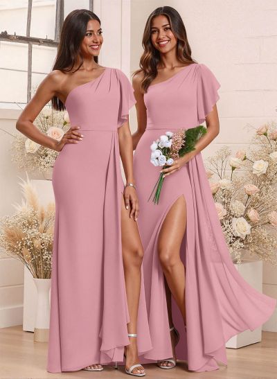 One-Shoulder Ruffle Short Sleeves Floor-Length Chiffon Bridesmaid Dresses With High Split