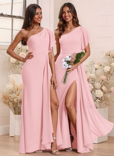 One-Shoulder Ruffle Short Sleeves Floor-Length Chiffon Bridesmaid Dresses With High Split