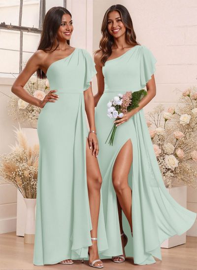 One-Shoulder Ruffle Short Sleeves Floor-Length Chiffon Bridesmaid Dresses With High Split