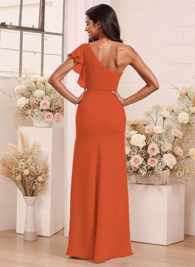 One-Shoulder Ruffle Short Sleeves Floor-Length Chiffon Bridesmaid Dresses With High Split