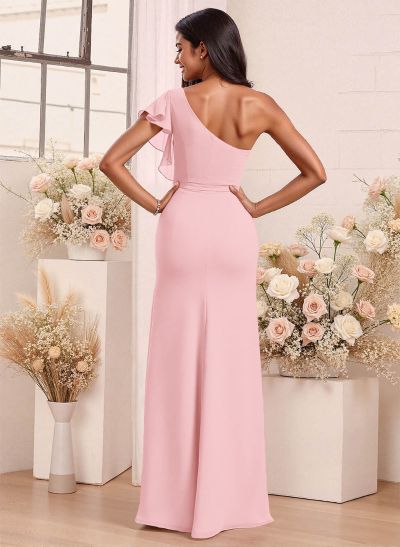 One-Shoulder Ruffle Short Sleeves Floor-Length Chiffon Bridesmaid Dresses With High Split