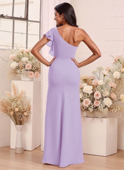 One-Shoulder Ruffle Short Sleeves Floor-Length Chiffon Bridesmaid Dresses With High Split
