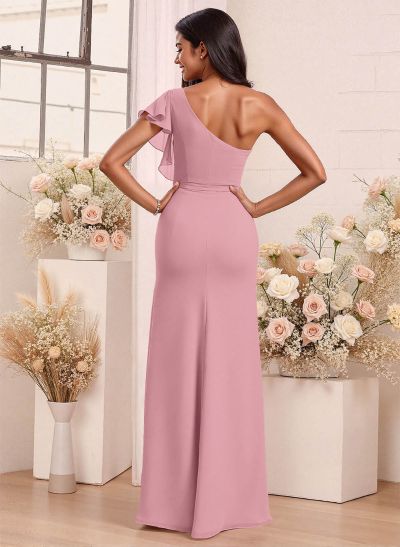 One-Shoulder Ruffle Short Sleeves Floor-Length Chiffon Bridesmaid Dresses With High Split