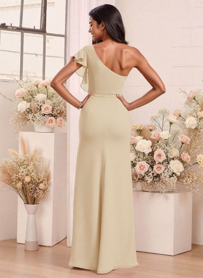 One-Shoulder Ruffle Short Sleeves Floor-Length Chiffon Bridesmaid Dresses With High Split