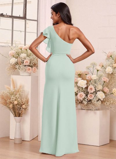 One-Shoulder Ruffle Short Sleeves Floor-Length Chiffon Bridesmaid Dresses With High Split