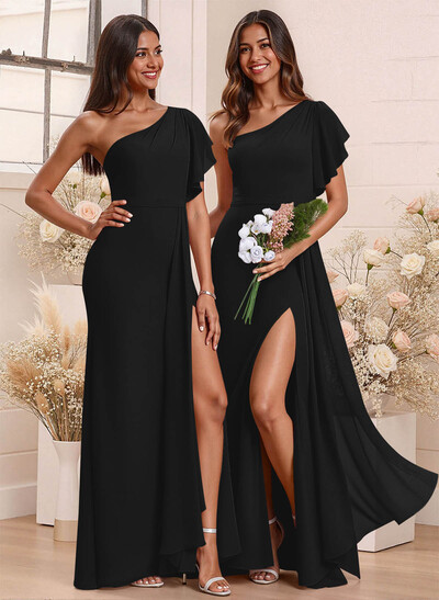 One-Shoulder Ruffle Short Sleeves Floor-Length Chiffon Bridesmaid Dresses With High Split