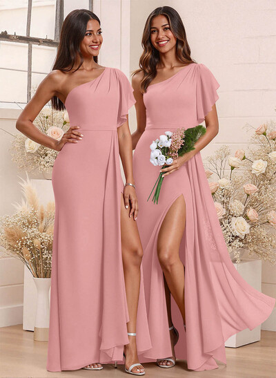 One-Shoulder Ruffle Short Sleeves Floor-Length Chiffon Bridesmaid Dresses With High Split