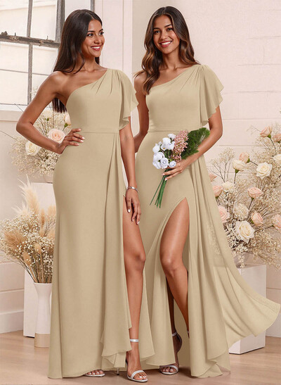 One-Shoulder Ruffle Short Sleeves Floor-Length Chiffon Bridesmaid Dresses With High Split