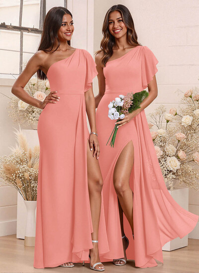 One-Shoulder Ruffle Short Sleeves Floor-Length Chiffon Bridesmaid Dresses With High Split