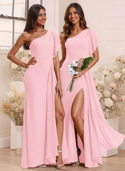 One-Shoulder Ruffle Short Sleeves Floor-Length Chiffon Bridesmaid Dresses With High Split