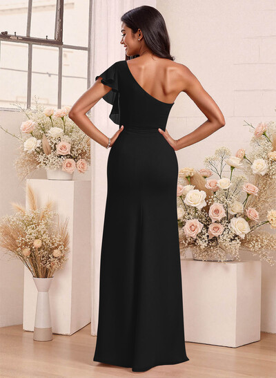One-Shoulder Ruffle Short Sleeves Floor-Length Chiffon Bridesmaid Dresses With High Split