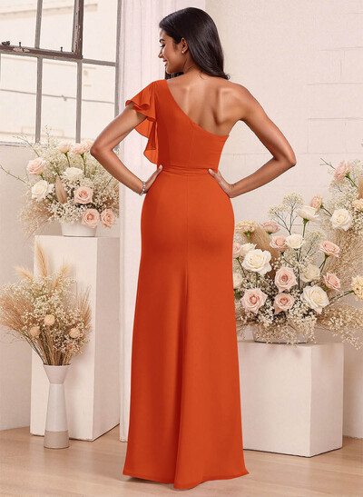 One-Shoulder Ruffle Short Sleeves Floor-Length Chiffon Bridesmaid Dresses With High Split