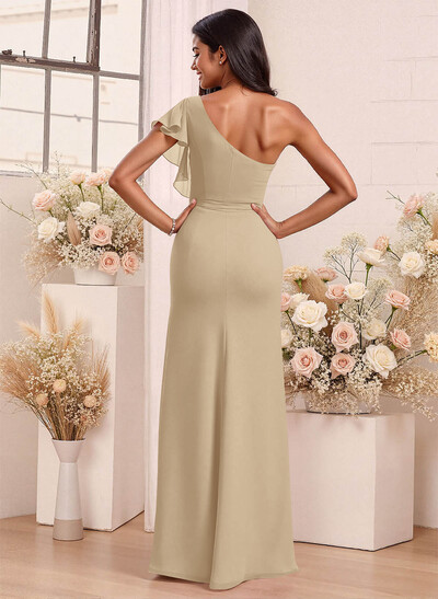 One-Shoulder Ruffle Short Sleeves Floor-Length Chiffon Bridesmaid Dresses With High Split
