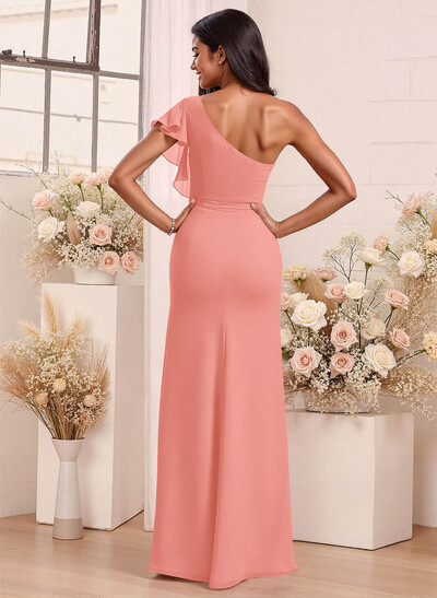 One-Shoulder Ruffle Short Sleeves Floor-Length Chiffon Bridesmaid Dresses With High Split