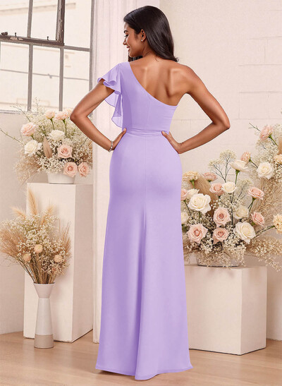 One-Shoulder Ruffle Short Sleeves Floor-Length Chiffon Bridesmaid Dresses With High Split