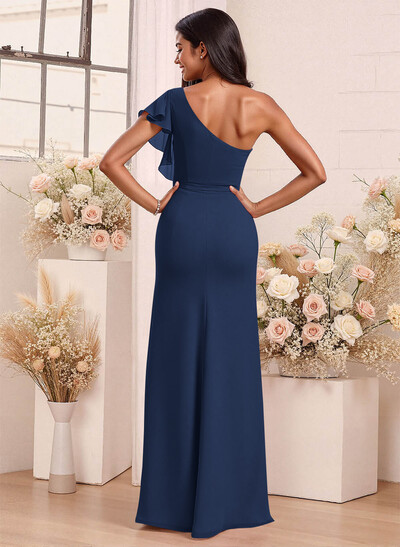 One-Shoulder Ruffle Short Sleeves Floor-Length Chiffon Bridesmaid Dresses With High Split