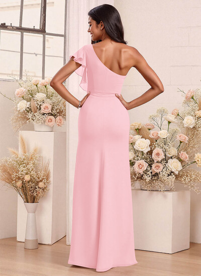 One-Shoulder Ruffle Short Sleeves Floor-Length Chiffon Bridesmaid Dresses With High Split