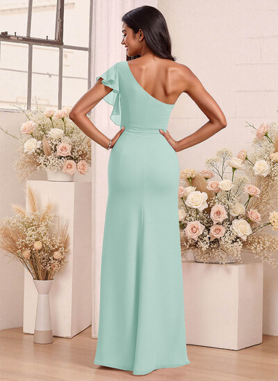 One-Shoulder Ruffle Short Sleeves Floor-Length Chiffon Bridesmaid Dresses With High Split