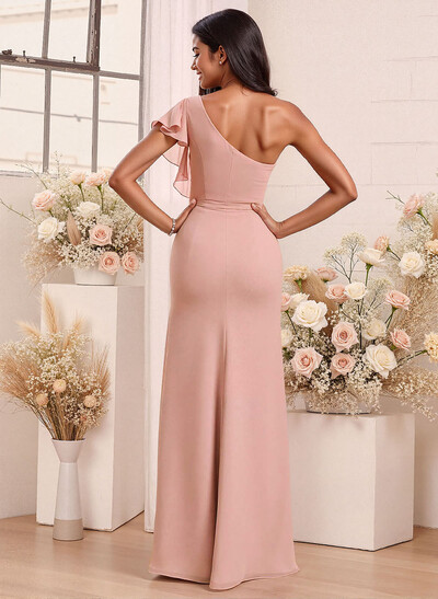 One-Shoulder Ruffle Short Sleeves Floor-Length Chiffon Bridesmaid Dresses With High Split