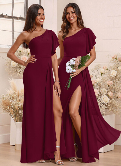 One-Shoulder Ruffle Short Sleeves Floor-Length Chiffon Bridesmaid Dresses With High Split