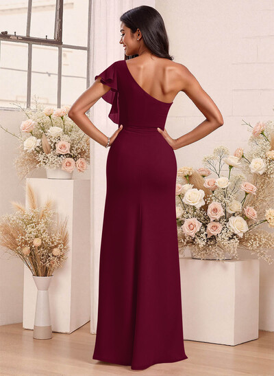 One-Shoulder Ruffle Short Sleeves Floor-Length Chiffon Bridesmaid Dresses With High Split