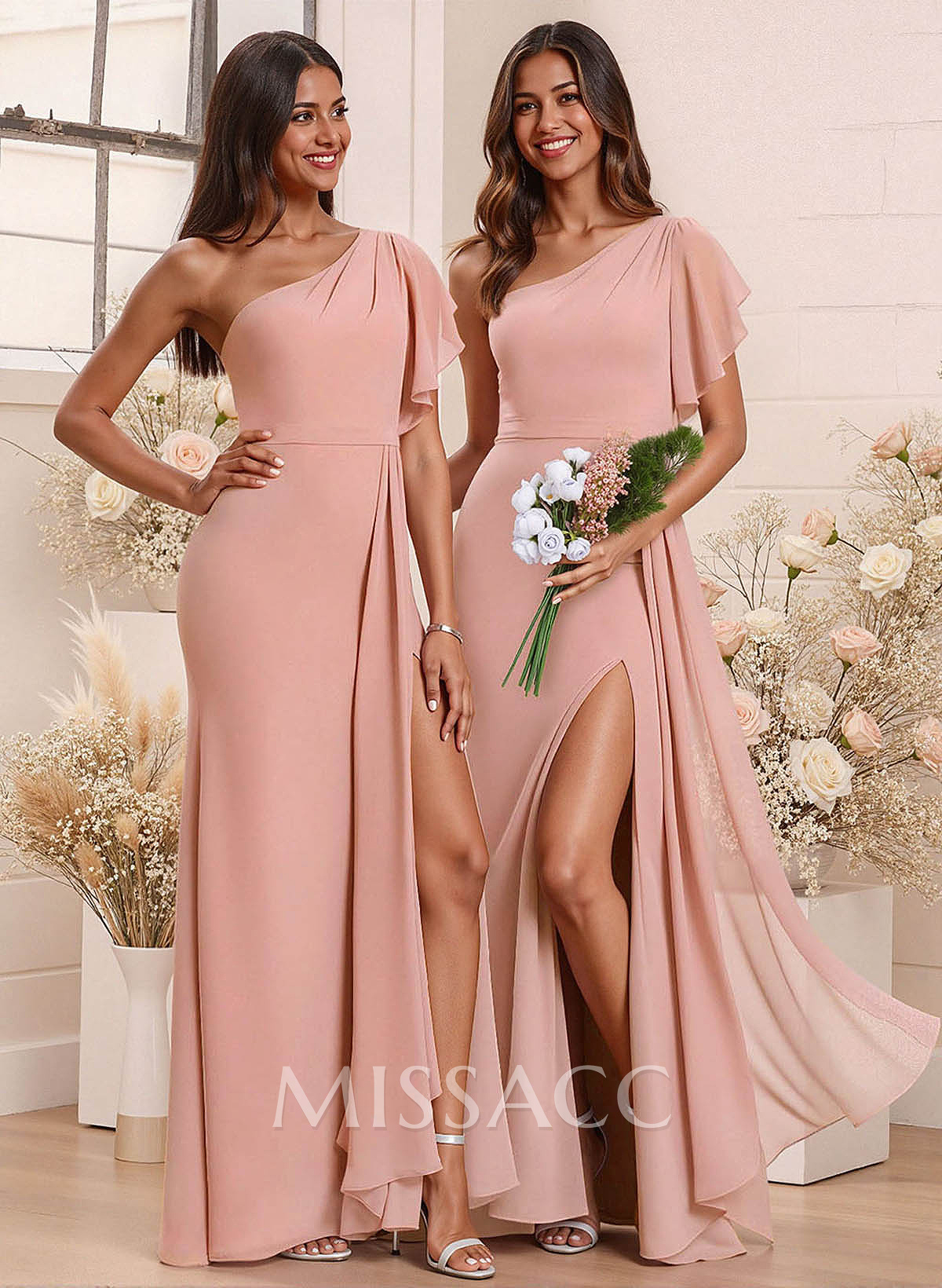 One-Shoulder Ruffle Short Sleeves Floor-Length Chiffon Bridesmaid Dresses With High Split One-Shoulder Ruffle Short Sleeves Floor-Length Chiffon Bridesmaid Dresses With High Split