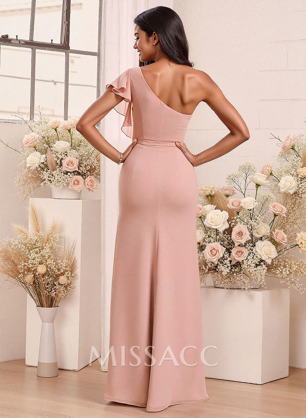 One-Shoulder Ruffle Short Sleeves Floor-Length Chiffon Bridesmaid Dresses With High Split One-Shoulder Ruffle Short Sleeves Floor-Length Chiffon Bridesmaid Dresses With High Split