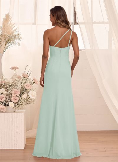 Flattering A-Line One-Shoulder Chiffon Bridesmaid With Split Front