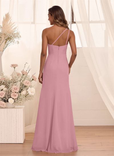 Flattering A-Line One-Shoulder Chiffon Bridesmaid With Split Front