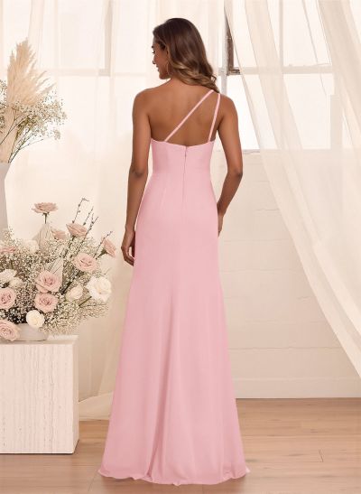 Flattering A-Line One-Shoulder Chiffon Bridesmaid With Split Front