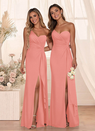 Flattering A-Line One-Shoulder Chiffon Bridesmaid With Split Front