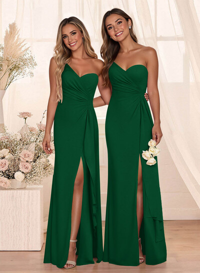 Flattering A-Line One-Shoulder Chiffon Bridesmaid With Split Front