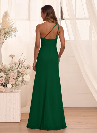 Flattering A-Line One-Shoulder Chiffon Bridesmaid With Split Front
