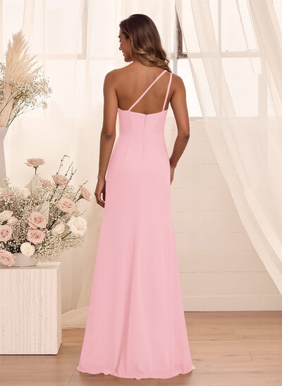 Flattering A-Line One-Shoulder Chiffon Bridesmaid With Split Front