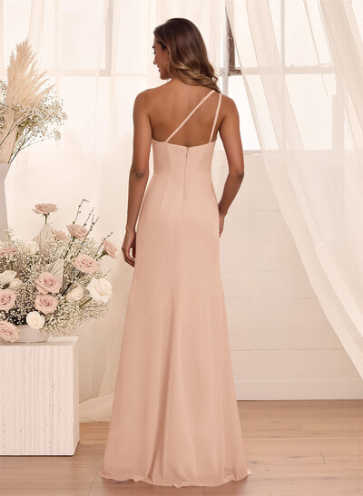 Flattering A-Line One-Shoulder Chiffon Bridesmaid With Split Front