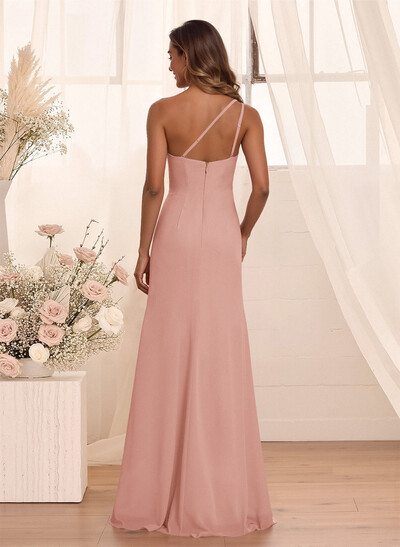 Flattering A-Line One-Shoulder Chiffon Bridesmaid With Split Front