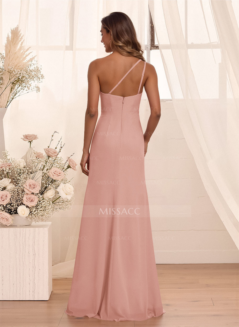 Flattering A-Line One-Shoulder Chiffon Bridesmaid With Split Front