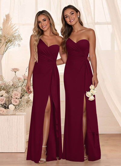 Flattering A-Line One-Shoulder Chiffon Bridesmaid With Split Front