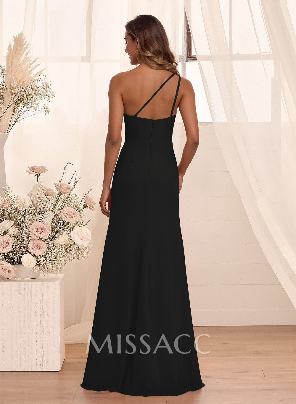 Flattering A-Line One-Shoulder Chiffon Bridesmaid With Split Front