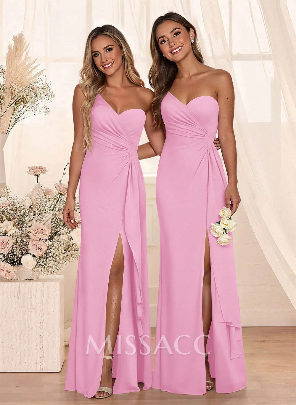 Flattering A-Line One-Shoulder Chiffon Bridesmaid With Split Front