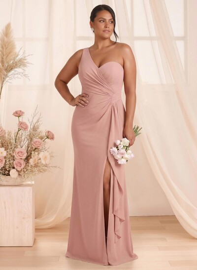 Flattering A-Line One-Shoulder Chiffon Bridesmaid With Split Front