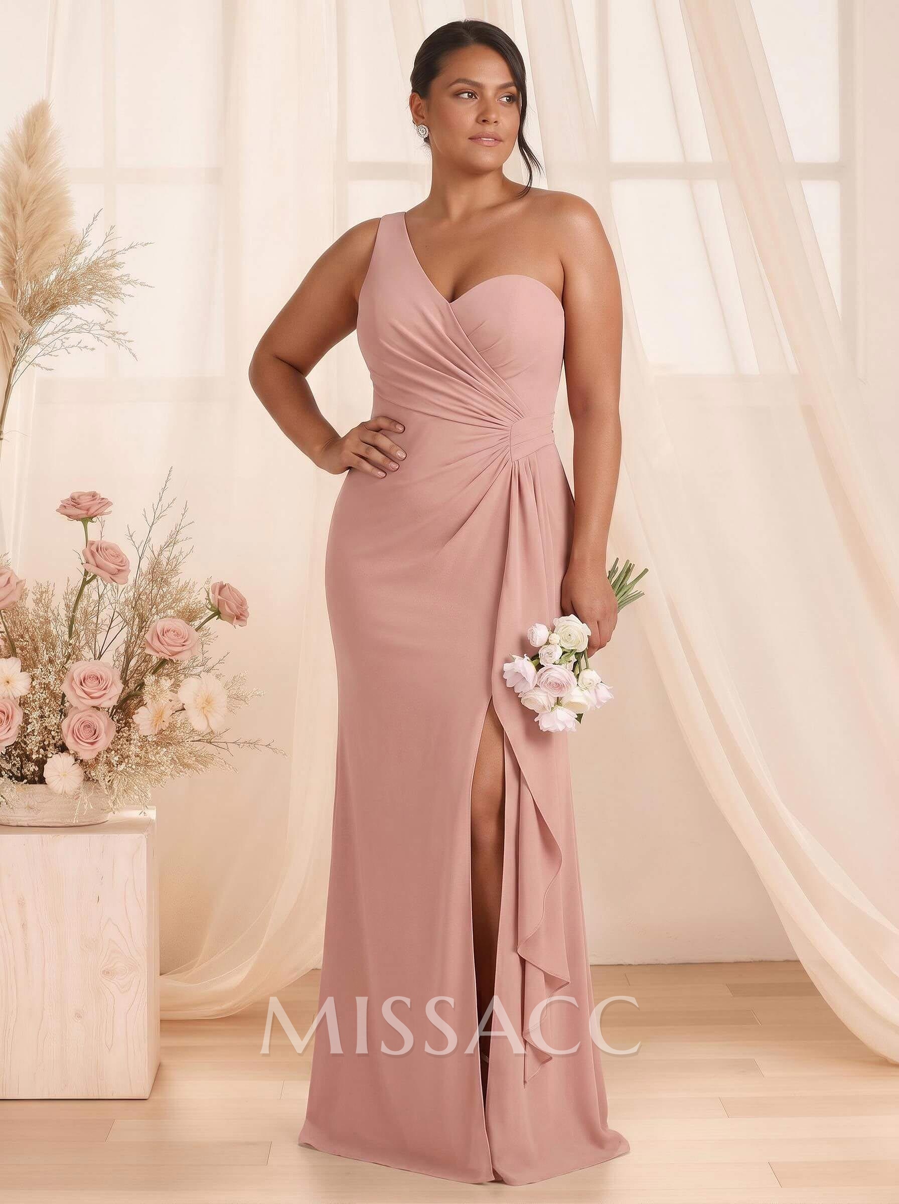 Flattering A-Line One-Shoulder Chiffon Bridesmaid With Split Front