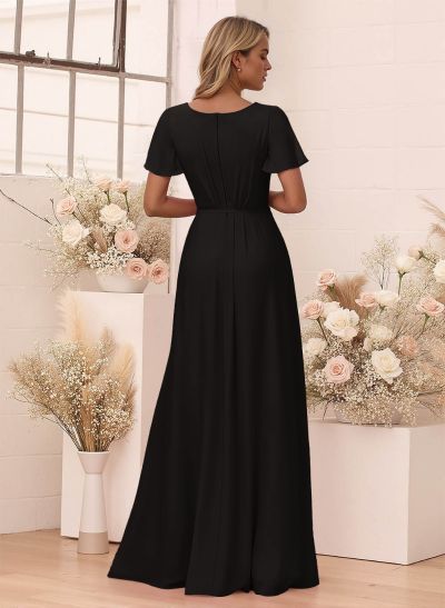 Elegant V-Neck Flutter Sleeve Floor-Length Chiffon Bridesmaid With Split Front