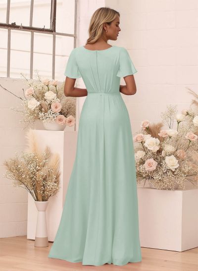 Elegant V-Neck Flutter Sleeve Floor-Length Chiffon Bridesmaid With Split Front