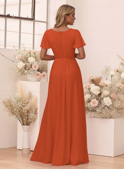 Elegant V-Neck Flutter Sleeve Floor-Length Chiffon Bridesmaid With Split Front